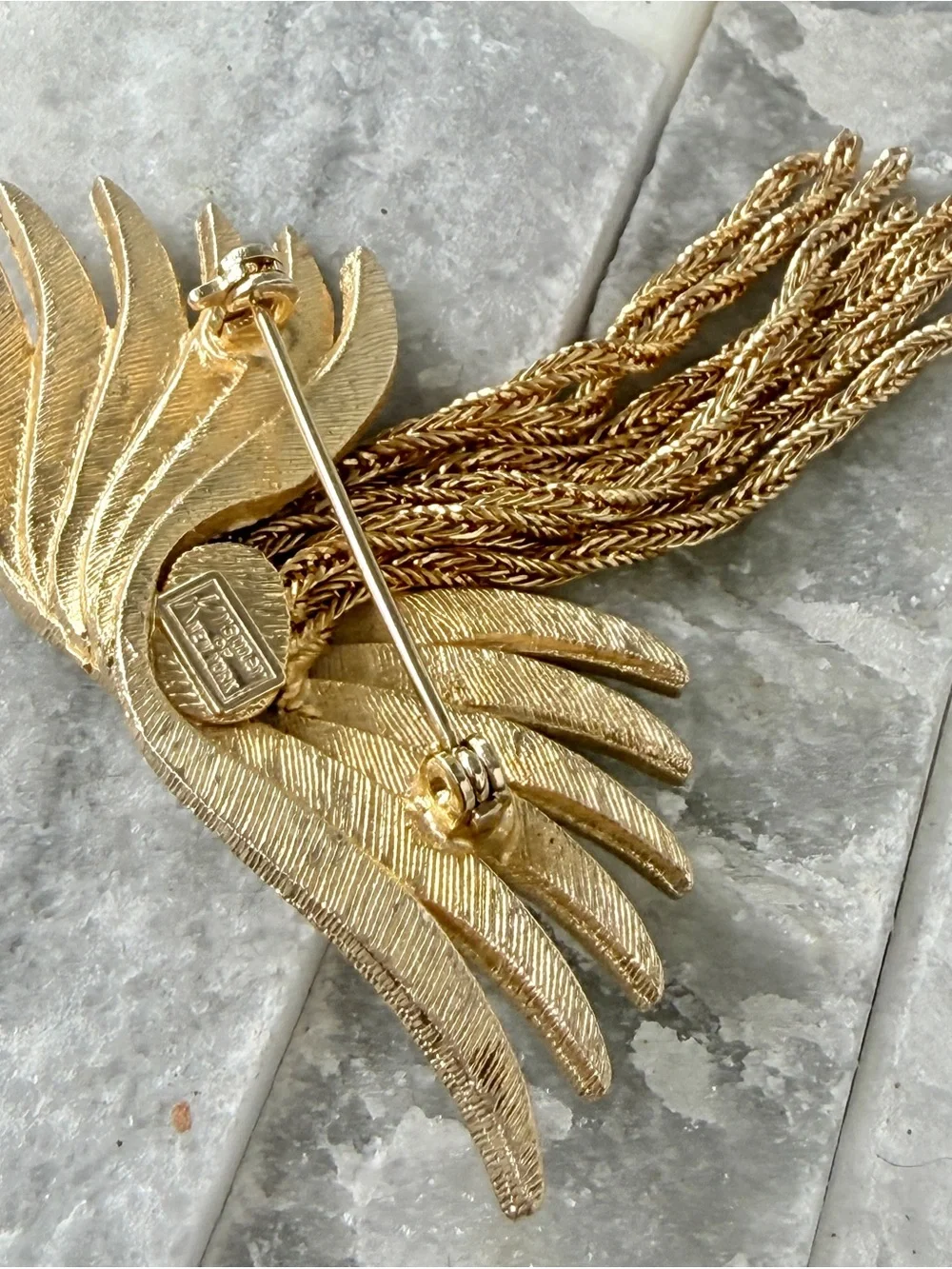 Vintage Signed Kramer of New York Winged-Feather and Chain Brooch